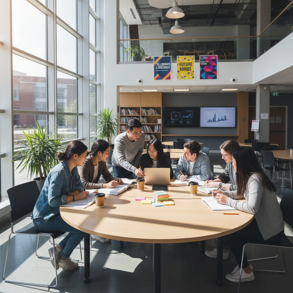 Students collaborating on laptops in a modern university library